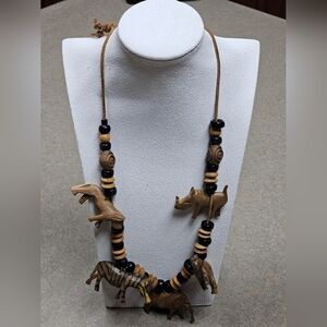 Vintage Ethnic Wooden Carved African Safari Animal Necklace